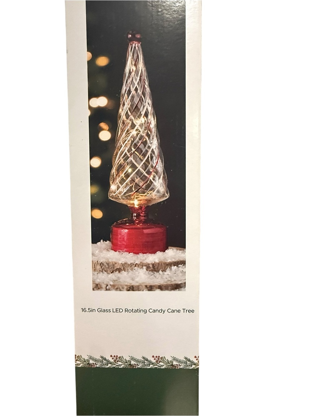 Kirklands 16.5” Glass LED Rotating Candy Cane Christmas Tree Decor Boxed